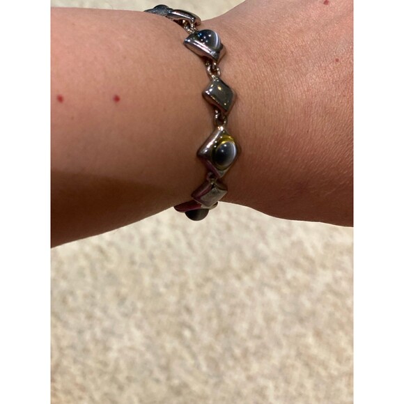 Vintage Faux Blue Cats Eye Silver Tone 7½" Magnetic Clasp Link Bracelet Classic - Picture 9 of 10